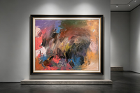 Abstract oil painting with bold strokes of purple, orange, red, blue and black on canvas