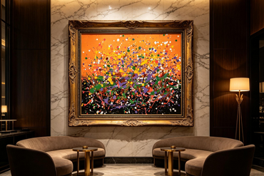 Abstract oil painting with colorful splatter dots on orange and black background