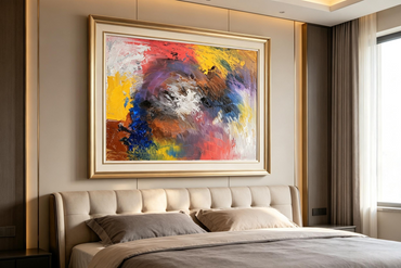 Abstract oil painting with bold blocks of yellow, red, blue, purple, white and grey