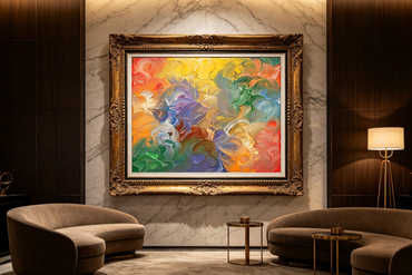 Bright abstract oil painting with flowing swirls of yellow, pink, blue and green