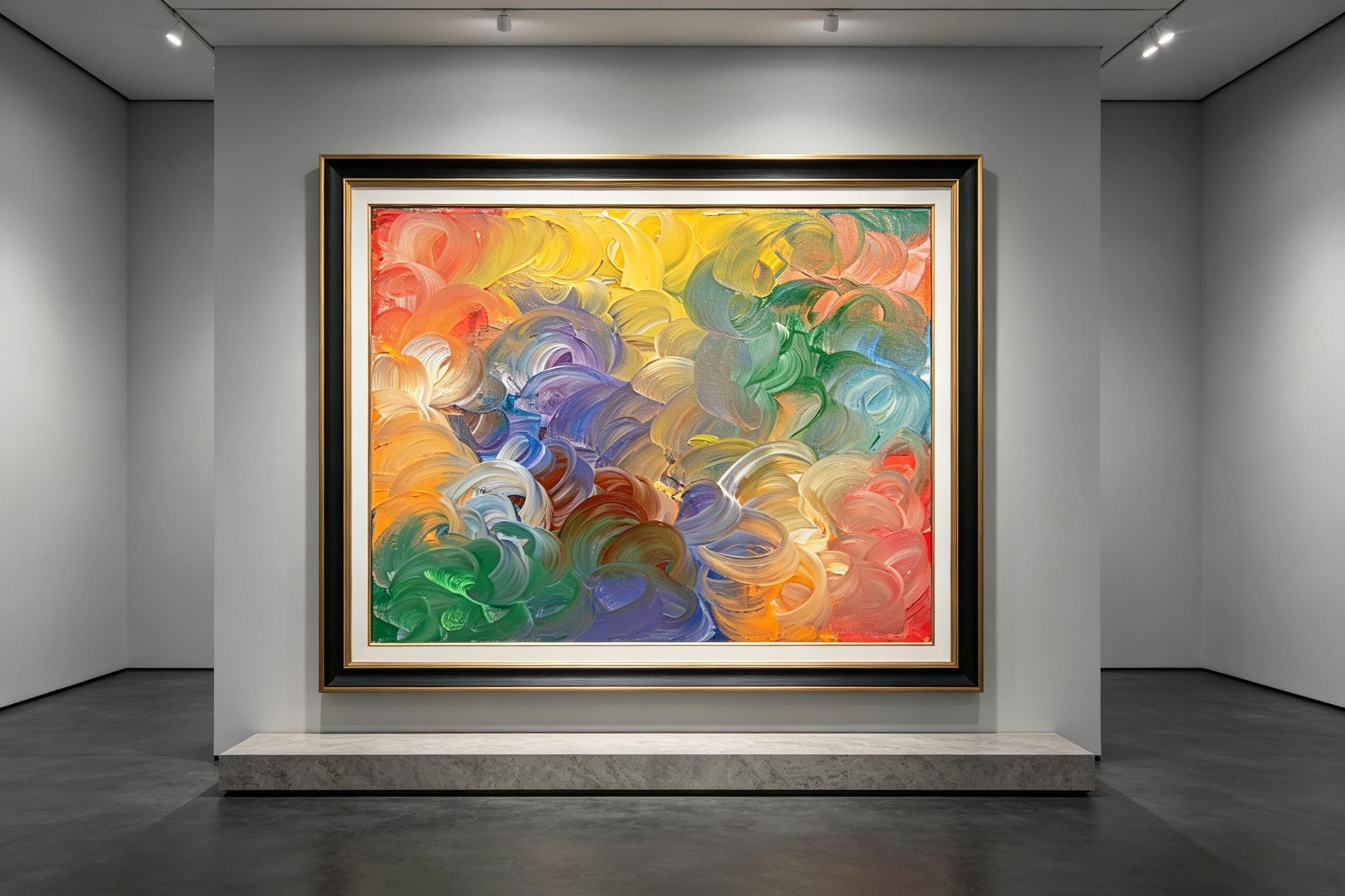 Bright abstract oil painting with flowing swirls of yellow, pink, blue and green