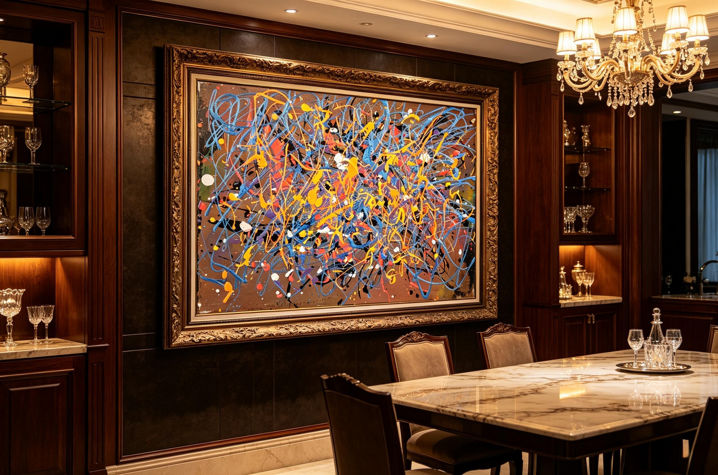 Abstract oil painting with blue and orange drip lines over brown background