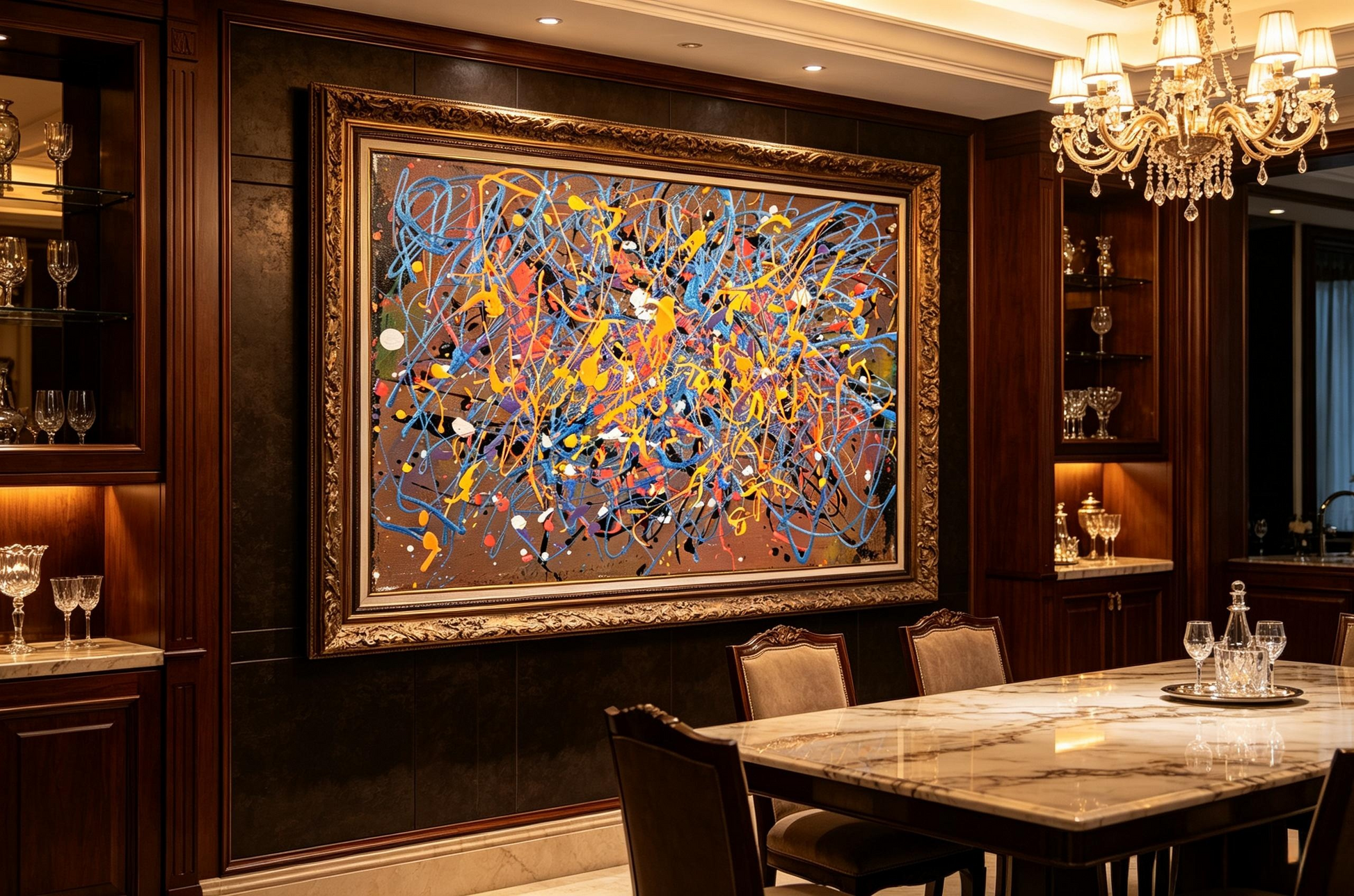 Abstract oil painting with blue and orange drip lines over brown background
