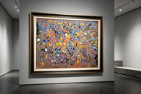 Abstract oil painting with blue and orange drip lines over brown background