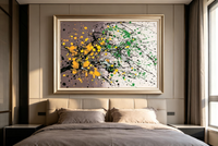 Abstract oil painting with orange and green splatters on purple-gray and cream base