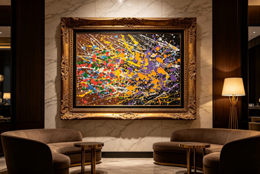 Abstract oil painting with multicolor splatters on rich brown base with white splash lines