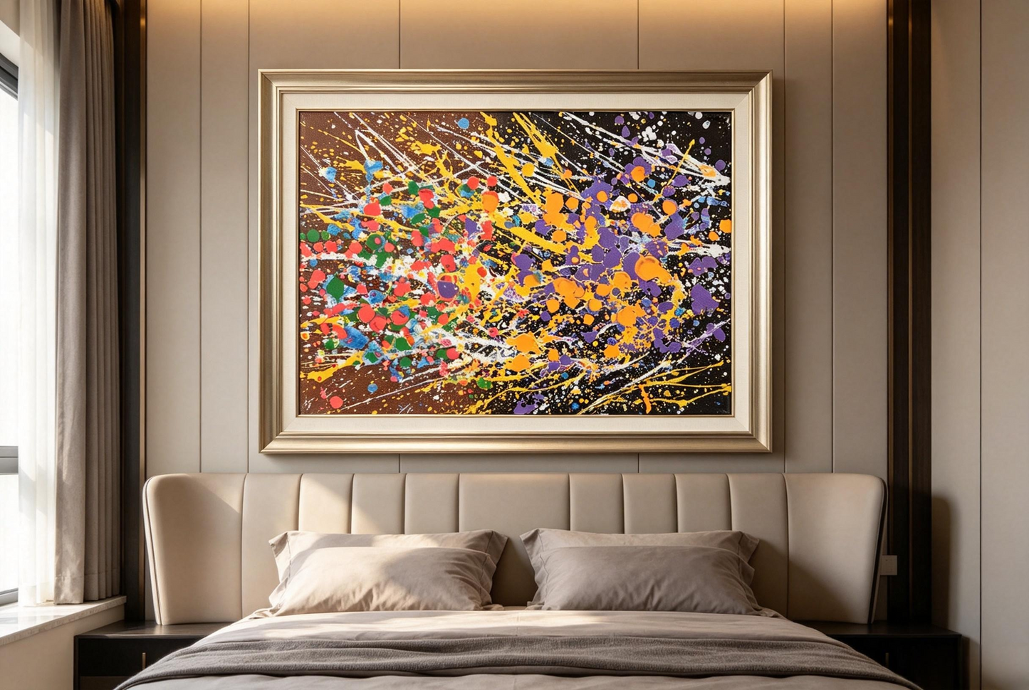 Abstract oil painting with multicolor splatters on rich brown base with white splash lines