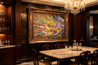Abstract oil painting with multicolor splatters on rich brown base with white splash lines