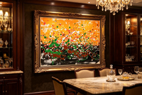Abstract oil painting with orange upper section, black gray base, and green brown drip details