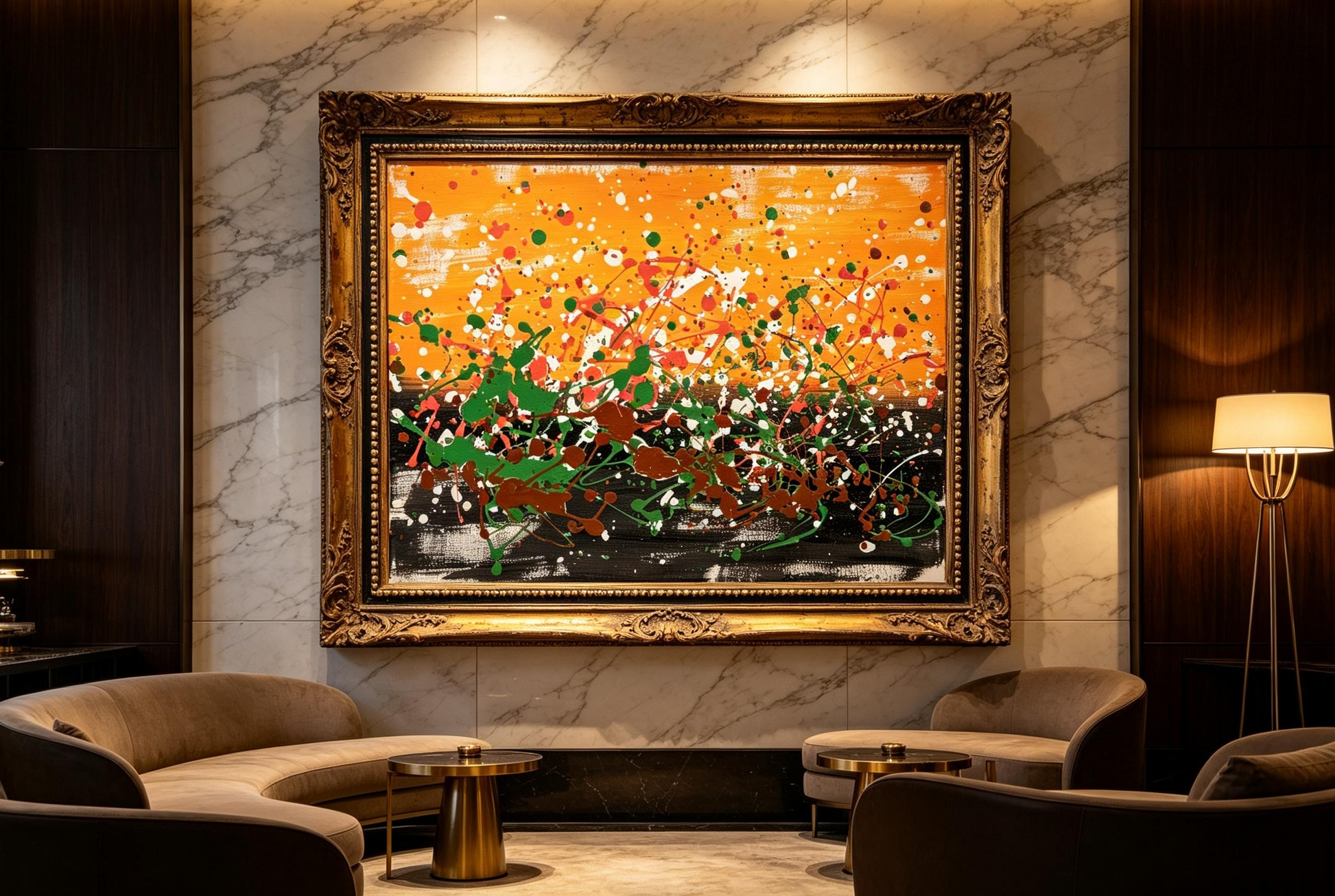 Abstract oil painting with orange upper section, black gray base, and green brown drip details