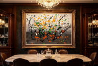 Abstract oil painting with gray gradient background and black branch-like splash pattern