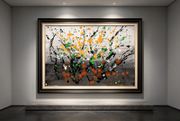 Abstract oil painting with gray gradient background and black branch-like splash pattern