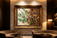 Abstract oil painting with cream and brown background and diagonal black splash pattern