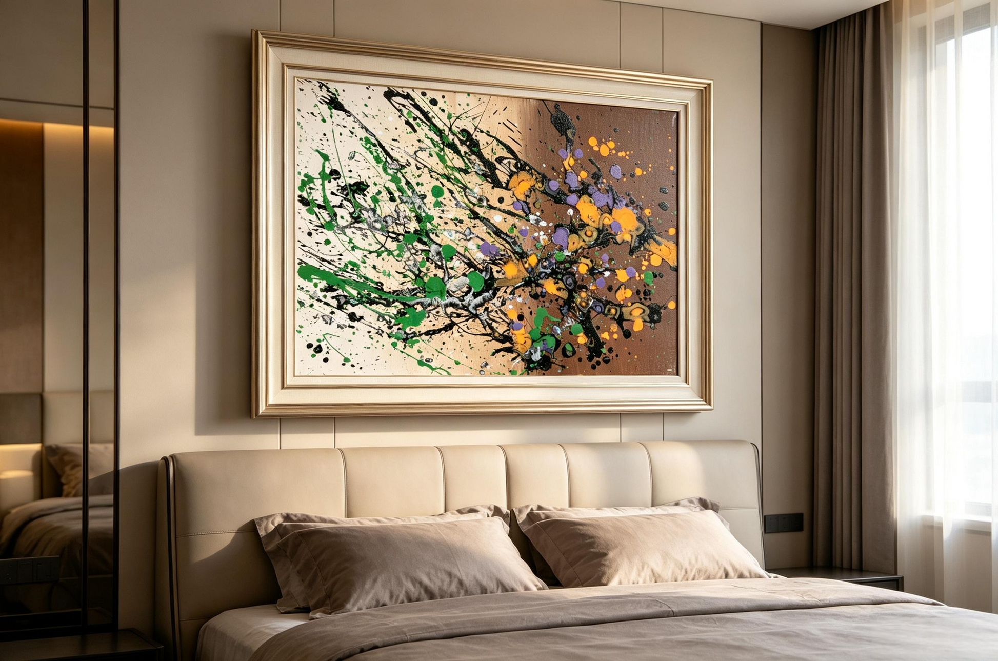 Abstract oil painting with cream and brown background and diagonal black splash pattern