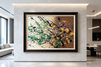Abstract oil painting with cream and brown background and diagonal black splash pattern