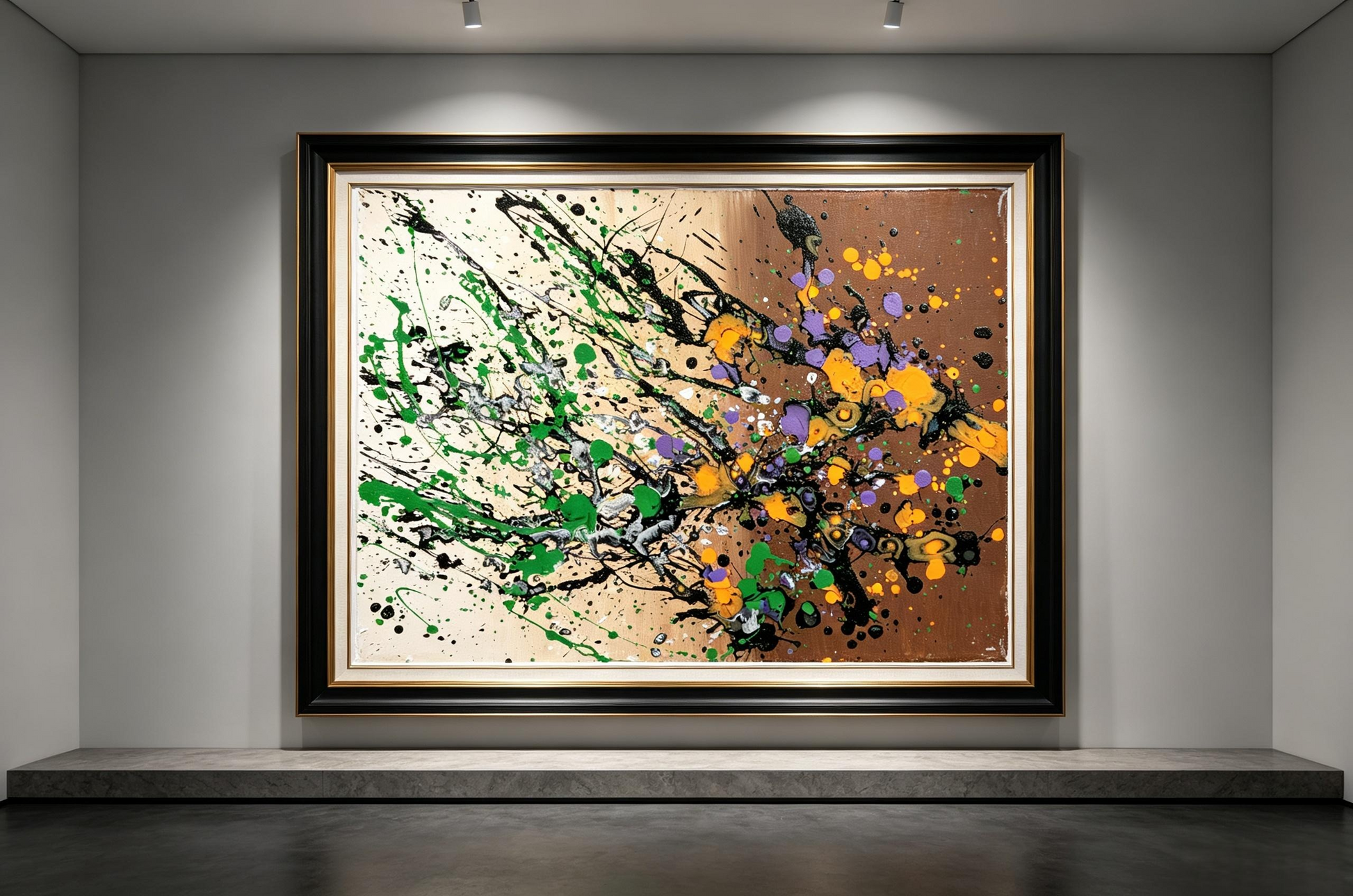 Abstract oil painting with cream and brown background and diagonal black splash pattern