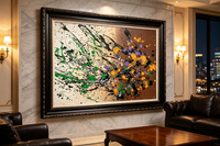 Abstract oil painting with cream and brown background and diagonal black splash pattern