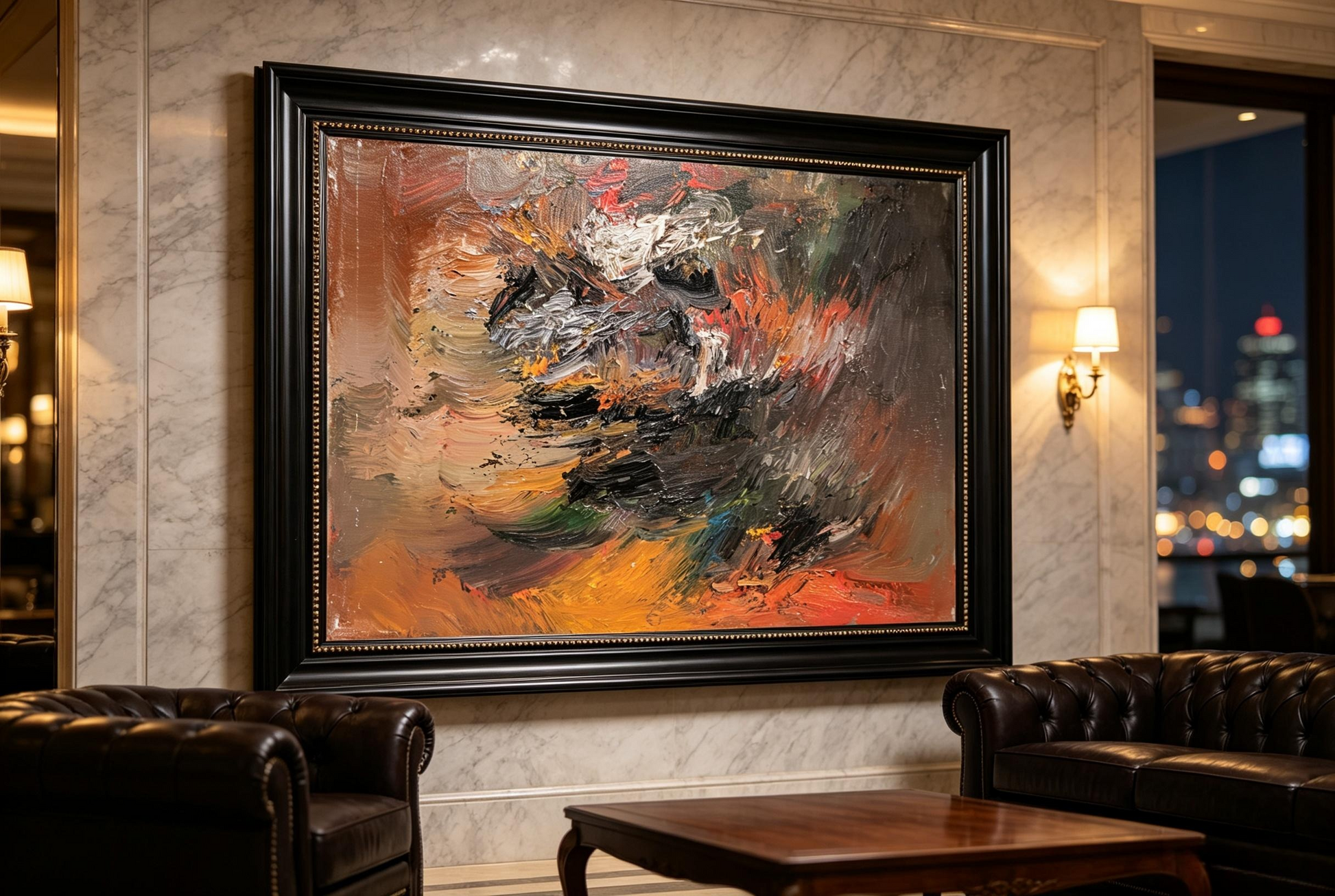Textured abstract oil painting with blended orange gray tones and visible brushstrokes