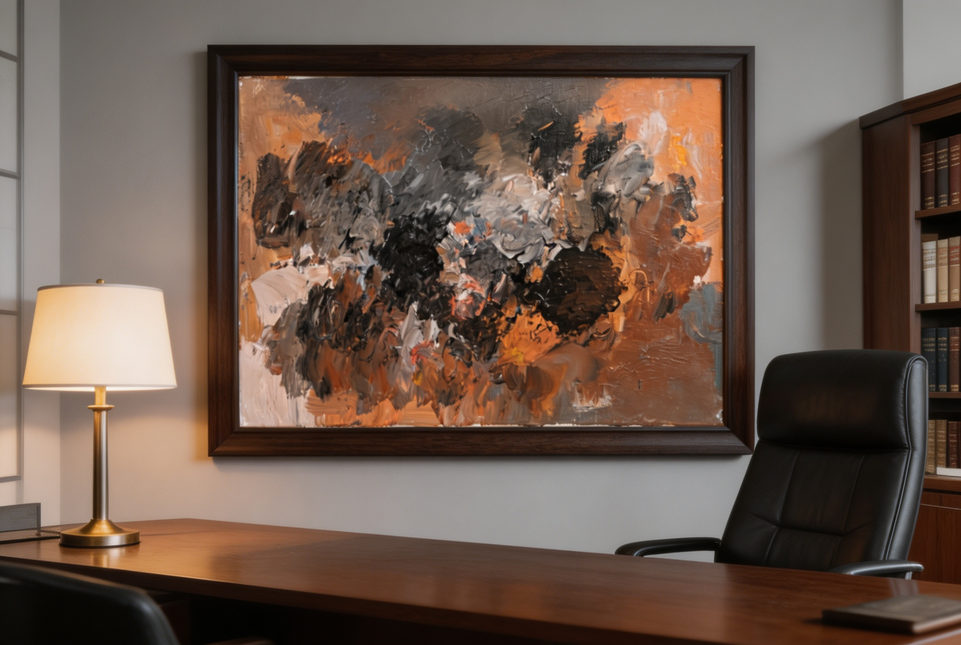 Abstract oil painting with charcoal gray and white strokes layered over a warm orange and brown ground