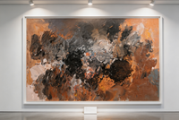 Abstract oil painting with charcoal gray and white strokes layered over a warm orange and brown ground
