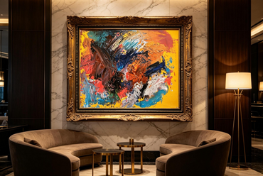 Colorful abstract oil painting with blue, orange, pink and teal strokes over a bright yellow ground