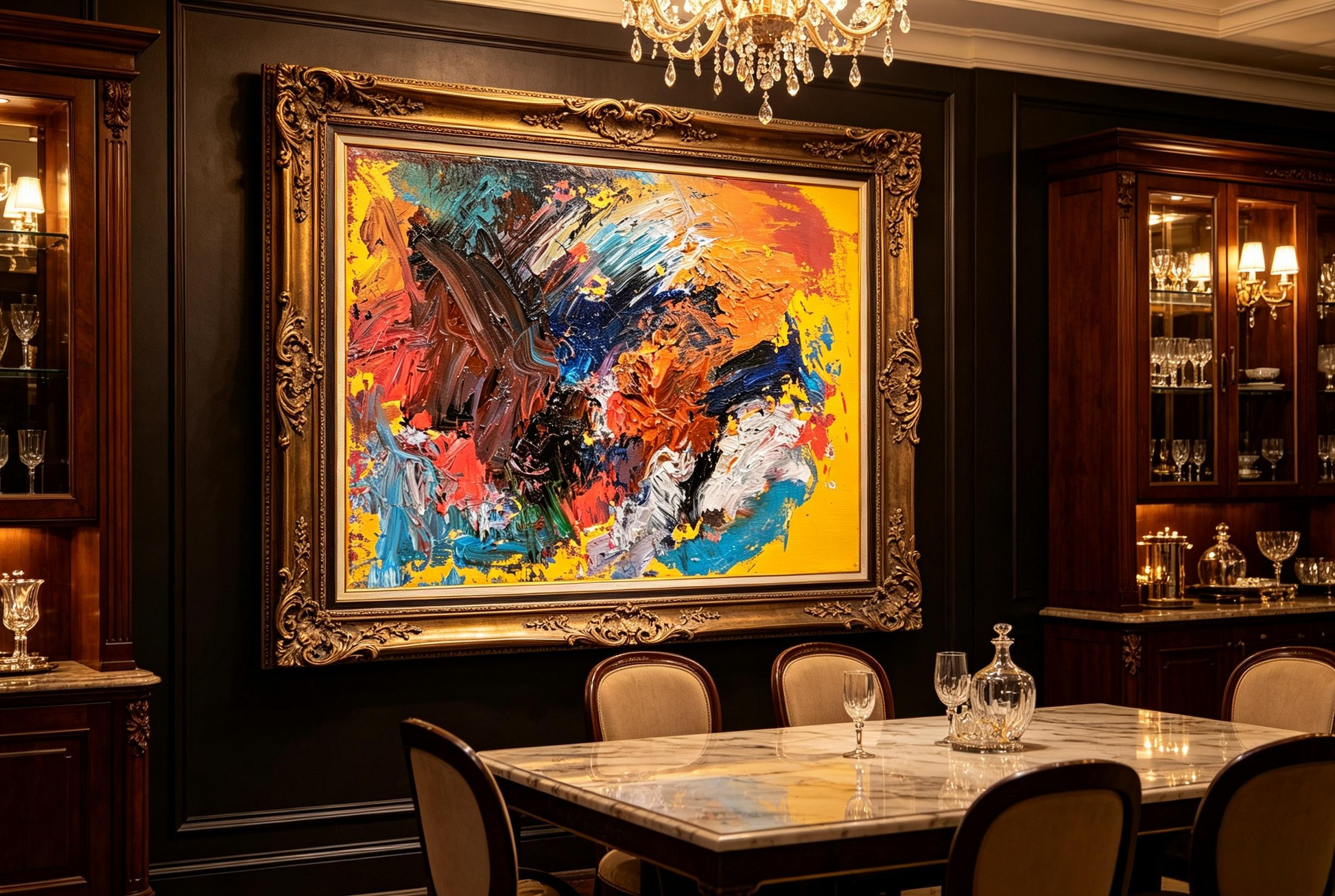 Colorful abstract oil painting with blue, orange, pink and teal strokes over a bright yellow ground