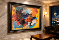 Colorful abstract oil painting with blue, orange, pink and teal strokes over a bright yellow ground