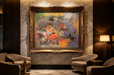 Abstract oil painting with a violet field, orange and crimson bands, and small blue accents