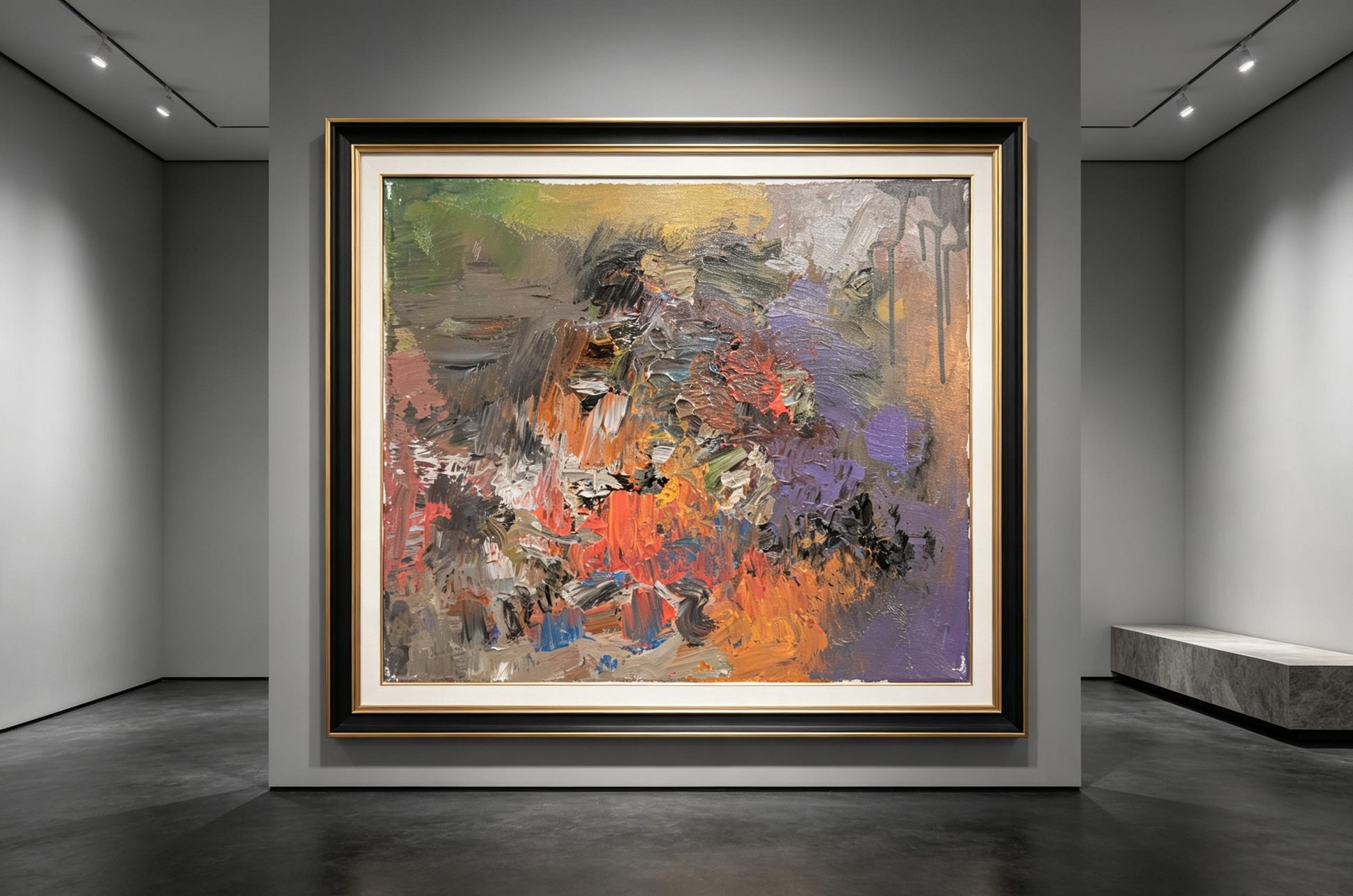 Abstract oil painting with a violet field, orange and crimson bands, and small blue accents