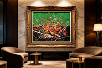 Abstract oil painting with green and black background and colorful paint splashes