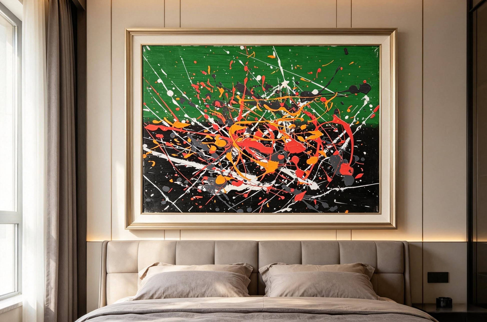 Abstract oil painting with green and black background and colorful paint splashes