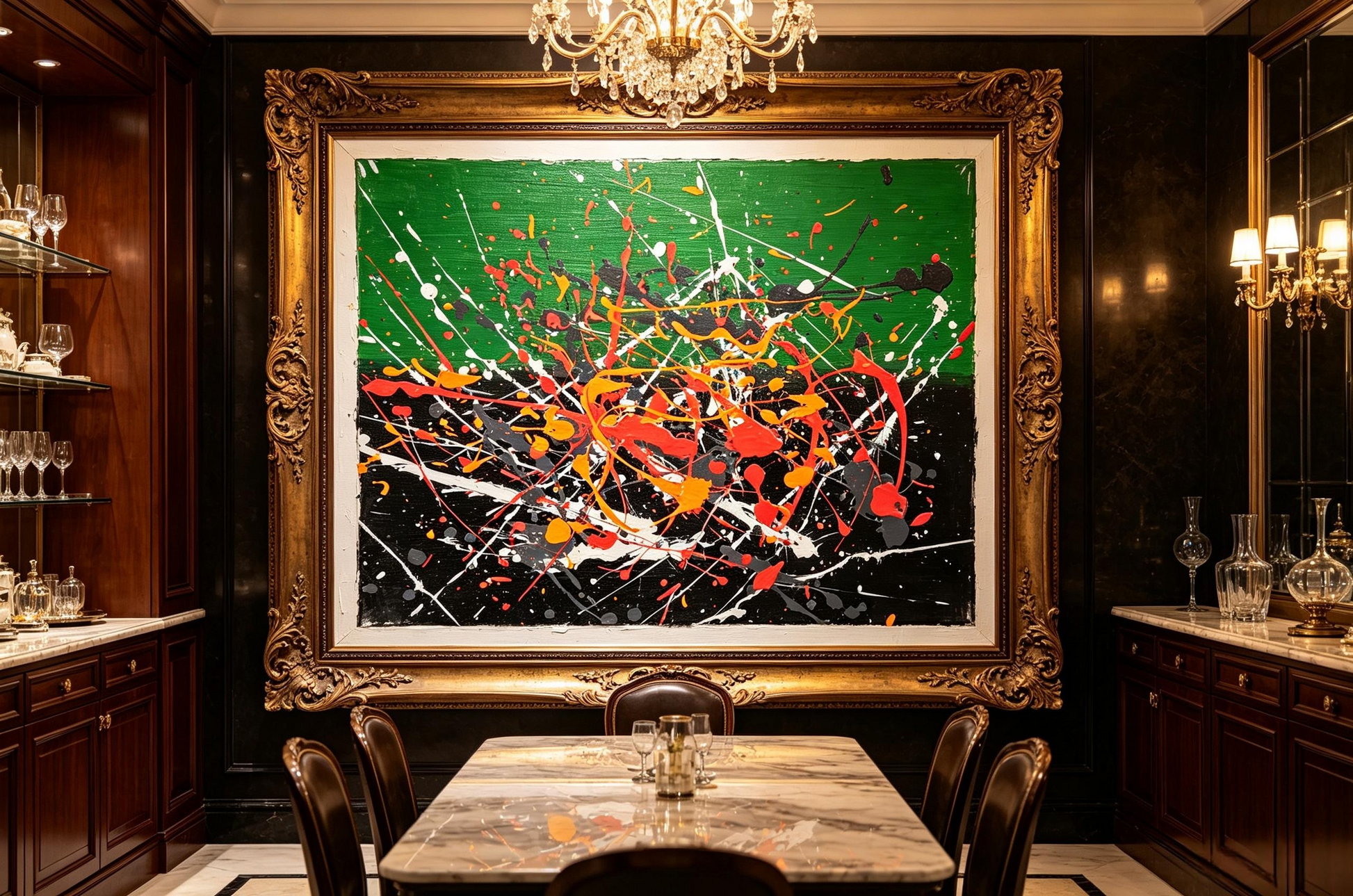 Abstract oil painting with green and black background and colorful paint splashes