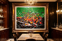 Abstract oil painting with green and black background and colorful paint splashes