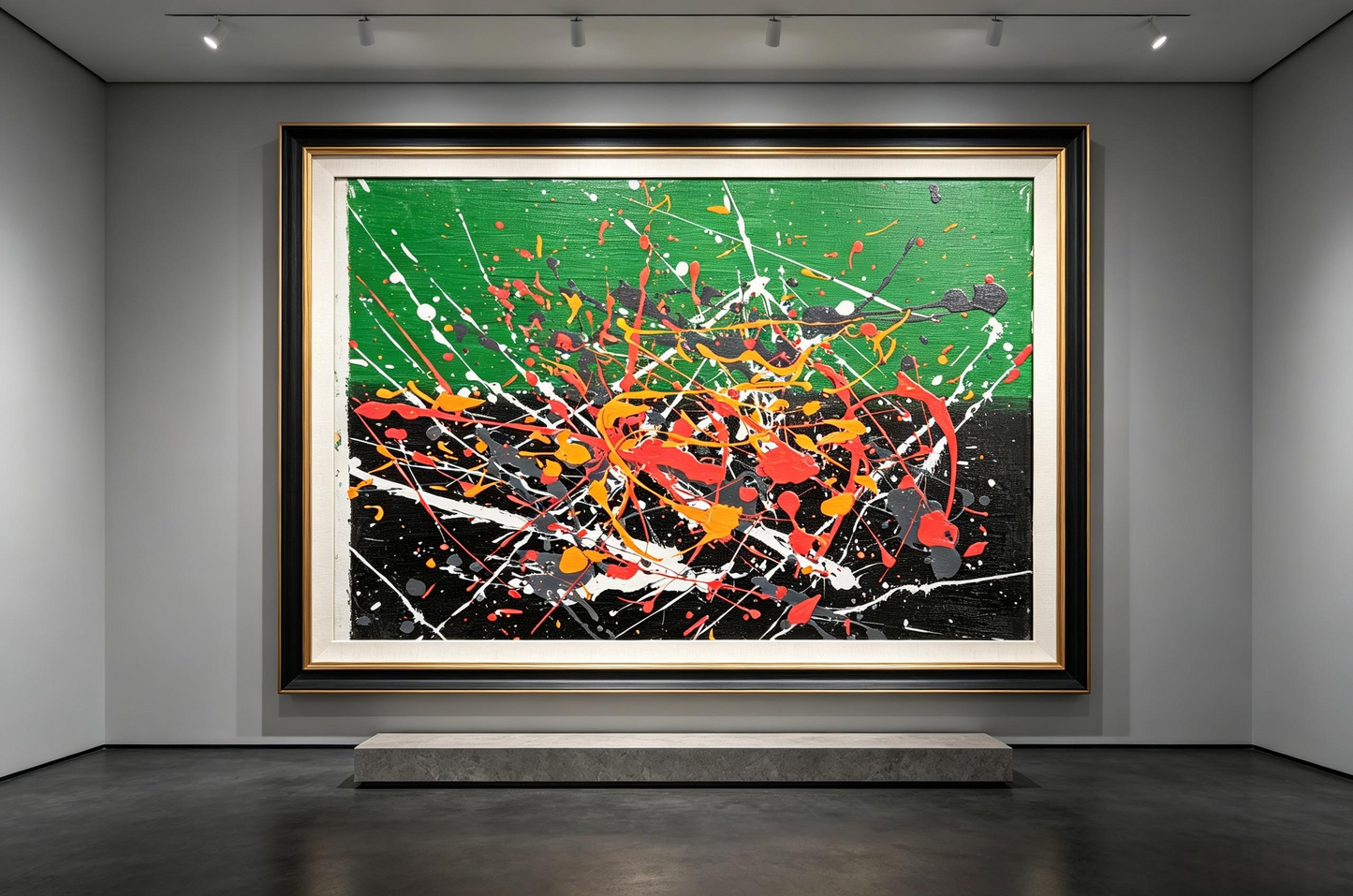 Abstract oil painting with green and black background and colorful paint splashes