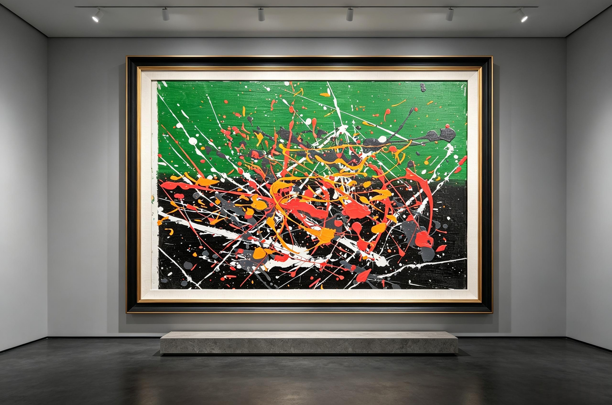Abstract oil painting with green and black background and colorful paint splashes