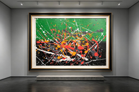 Abstract oil painting with green and black background and colorful paint splashes