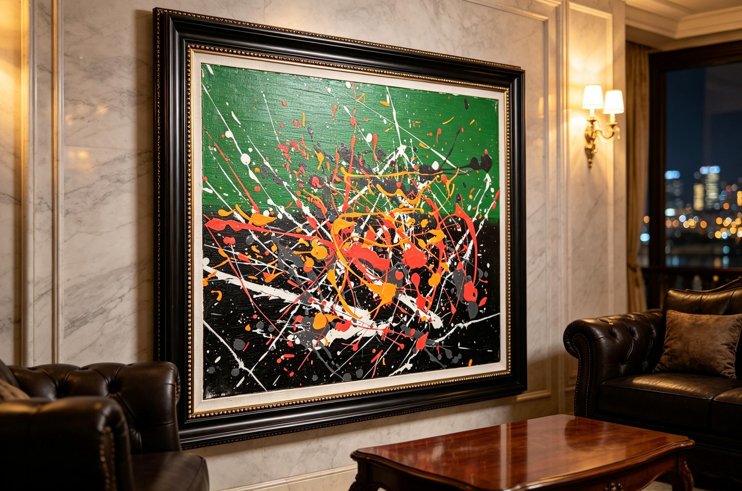 Abstract oil painting with green and black background and colorful paint splashes