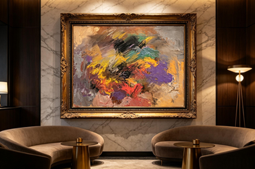 Abstract oil painting with beige background and layered colorful brushstrokes