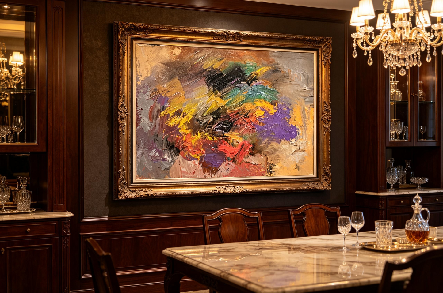 Abstract oil painting with beige background and layered colorful brushstrokes