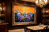 Abstract oil painting with orange and black background and blue purple splashes