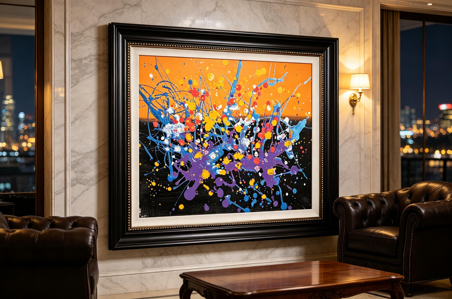 Abstract oil painting with orange and black background and blue purple splashes