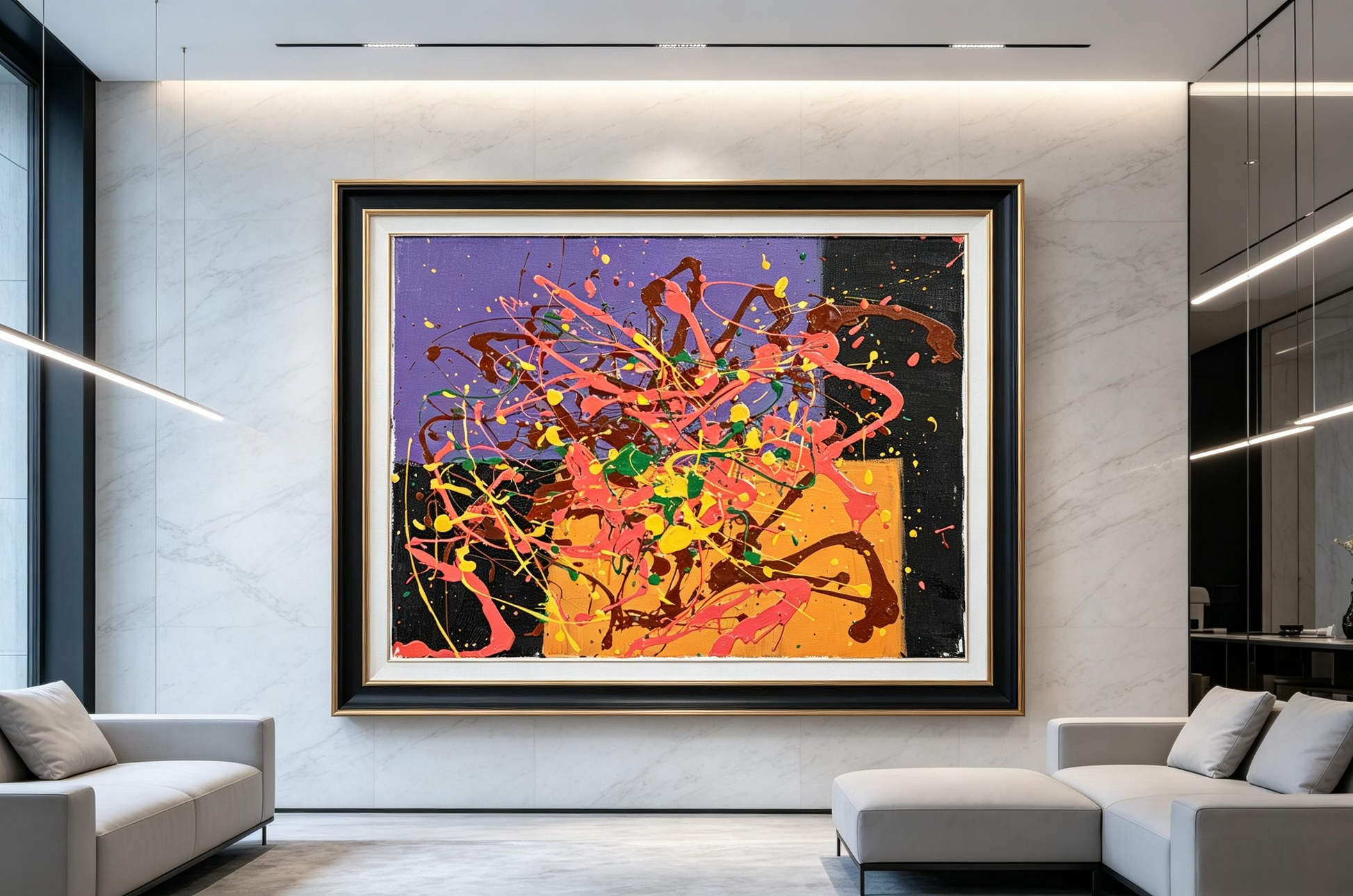 Abstract oil painting with purple black orange blocks and pink yellow flowing lines