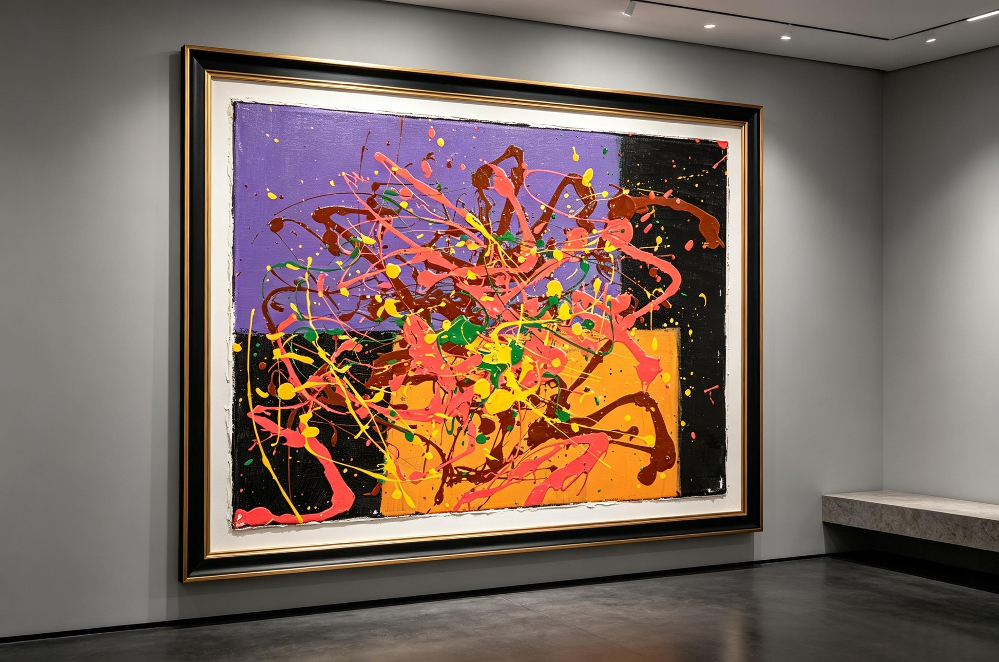 Abstract oil painting with purple black orange blocks and pink yellow flowing lines