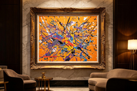 Abstract oil painting with orange background and dense purple blue black splashes