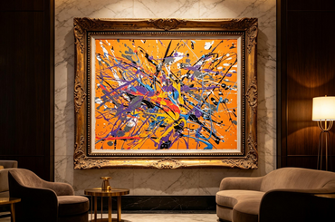 Abstract oil painting with orange background and dense purple blue black splashes
