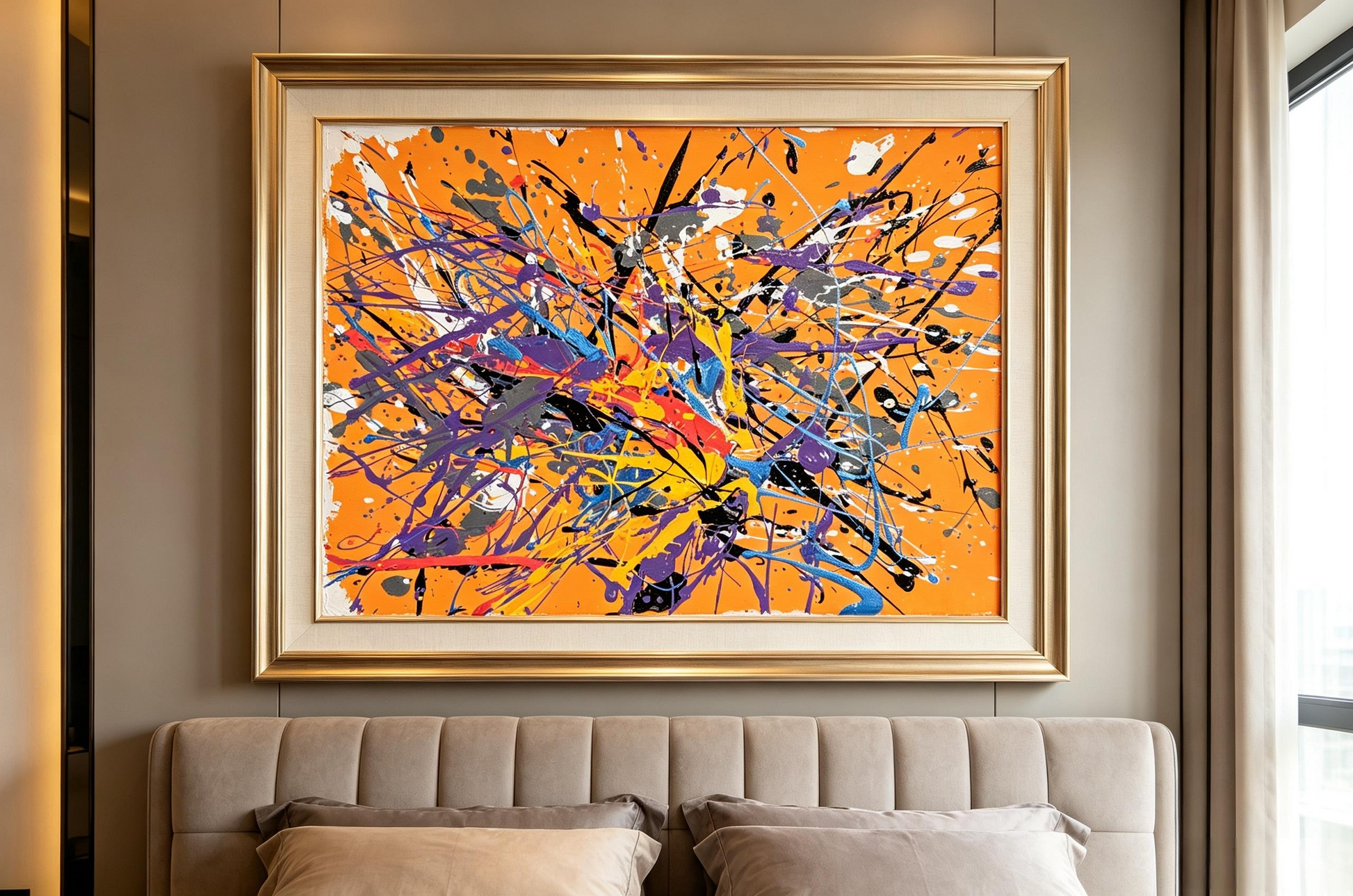Abstract oil painting with orange background and dense purple blue black splashes