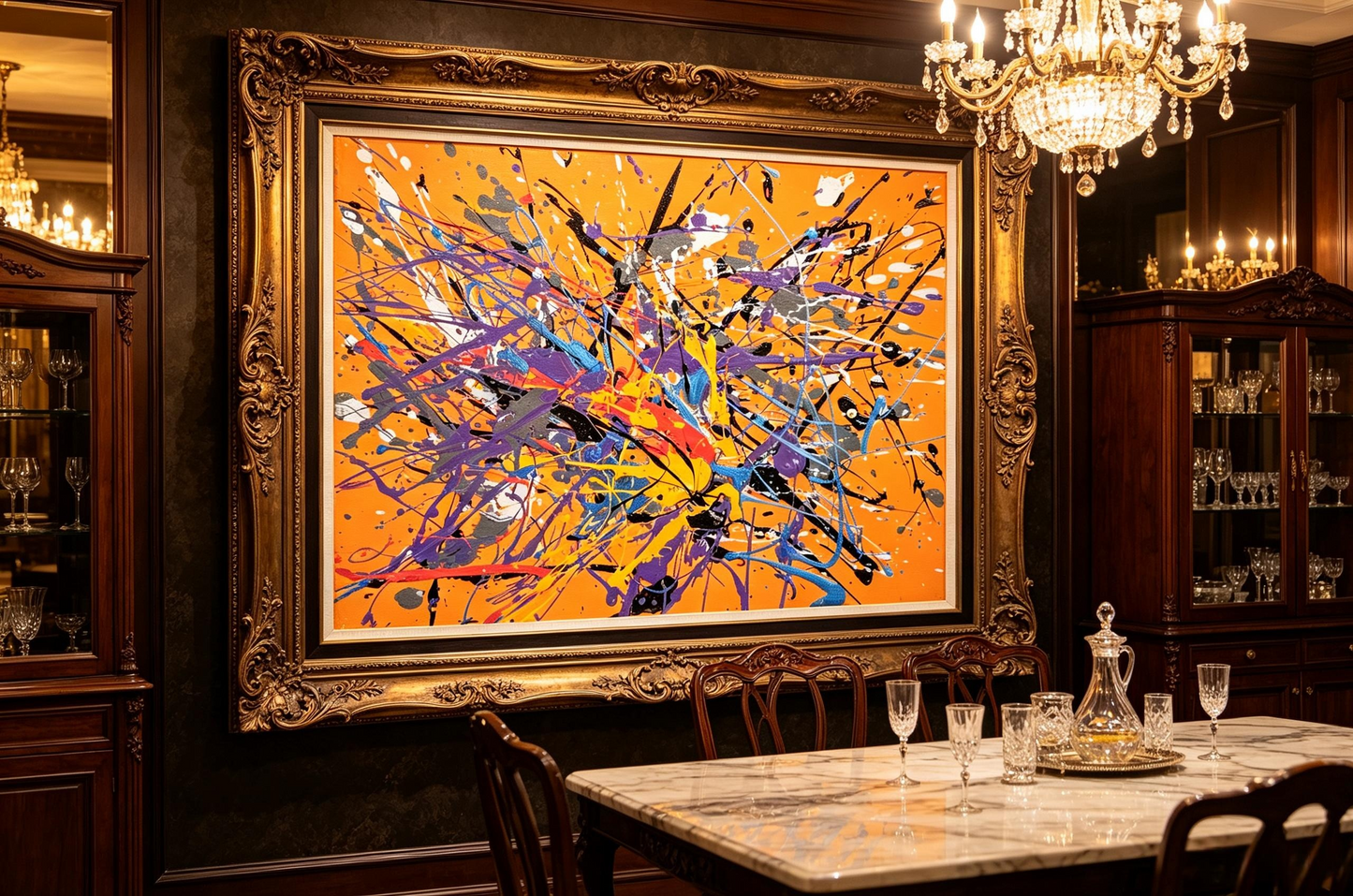Abstract oil painting with orange background and dense purple blue black splashes