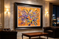 Abstract oil painting with orange background and dense purple blue black splashes