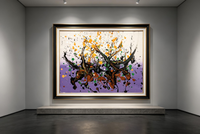 Abstract oil painting with black and brown splashes, orange and green dots on a purple and white ground