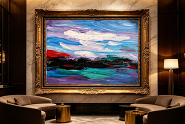 Abstract landscape oil painting with blue sky, white clouds, dark bands and teal blocks